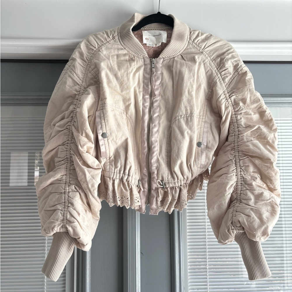 Anthropologie Ruched Cream Bomber Jacket
